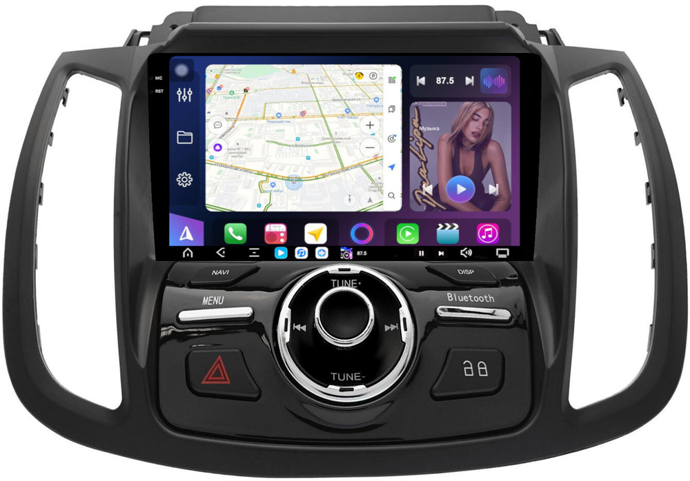 Магнитола для Ford Kuga 2 2017-2019 (SYNC 3, рамка с кнопками тип 2) - FarCar XXL9-8029F2B монитор 9.5" 2K QLED на Android 14, TS20, 8+256Гб, CarPlay, 4G SIM-слот