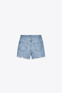 ZARА ДЖИНСОВЫЕ ШОРТЫ TRF С ВЫСОКОЙ ПОСАДКОЙ MOM FIT И КОСОЙ ЗАСТЕЖКОЙ, СИНИЙ