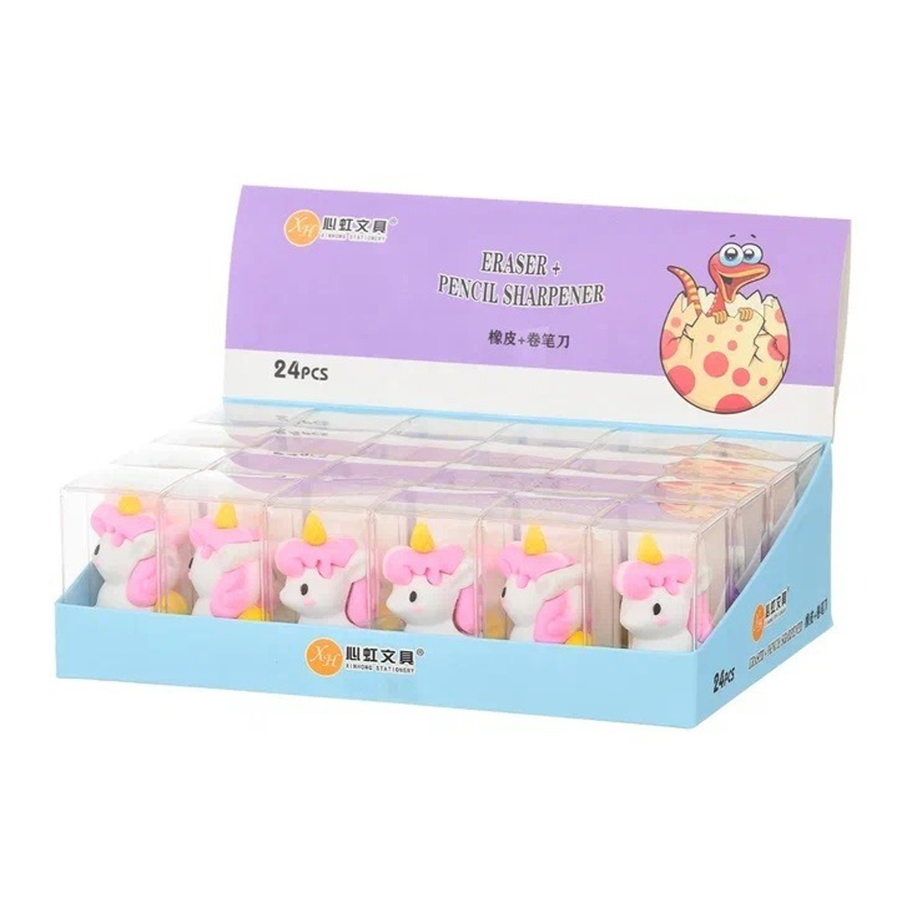 Точилка с ластиком Basir, одинарная, серия "Единорог", 4 цвета корпуса, 4.5*3 см