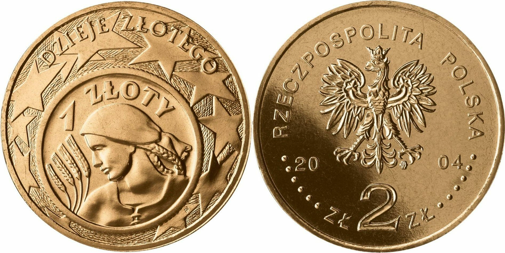 Польша 2 злотых, 2004 Голова девушки на 1 злотом 1924 года