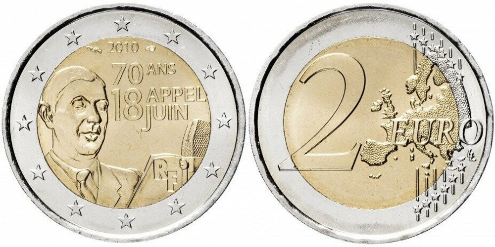 Франция 2 евро, 2010 70 лет речи Шарля де Голля «Ко всем французам» aUNC