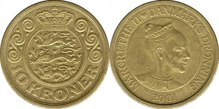 Дания 10 крон, 2001-2002 Королева Маргрете II XF