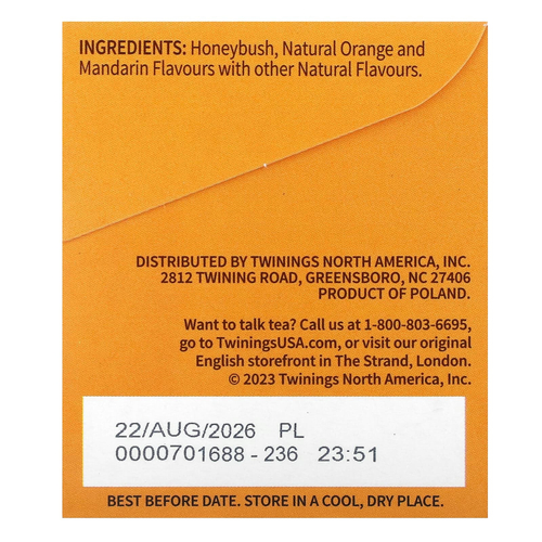 Twinings, травяной чай, ханибуш, мандарин и апельсин, без кофеина, 20 чайных пакетиков в индивидуальной упаковке, 40 г (1,41 унции)