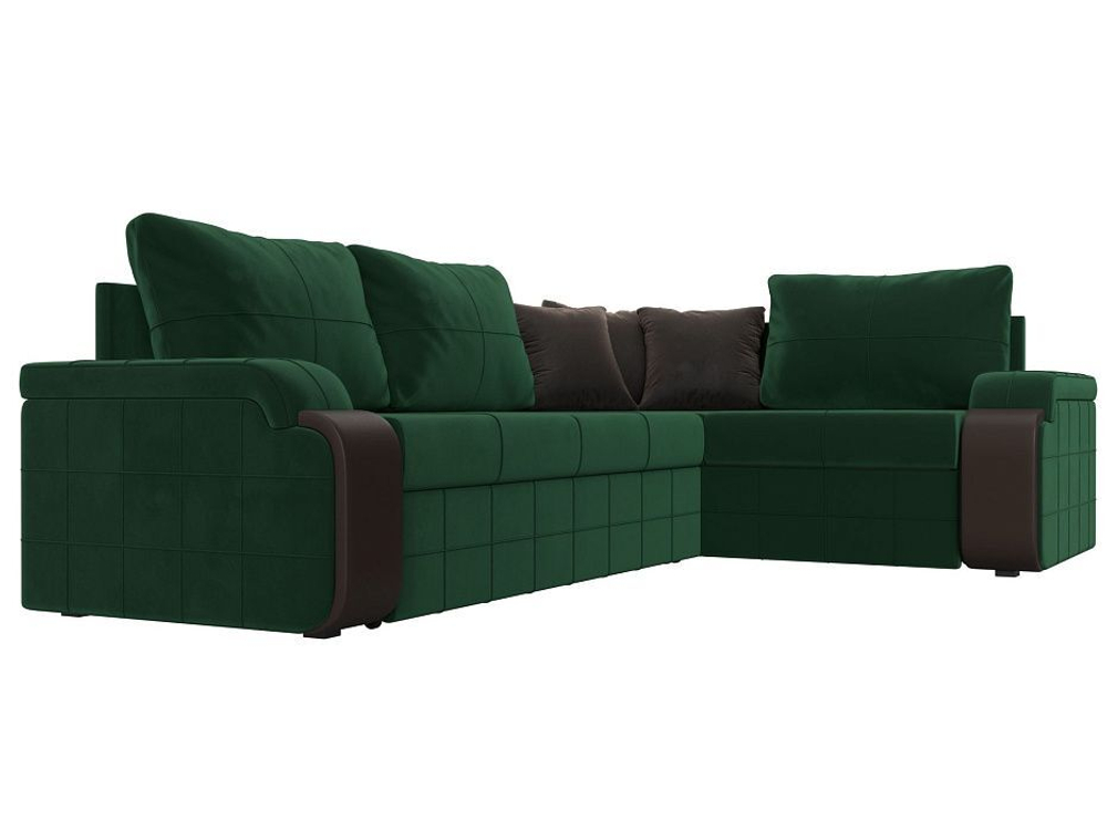 Диван угловой Николь правый угол, Зеленый\Коричневый\Коричневый, Велюр\Экокожа, 102973