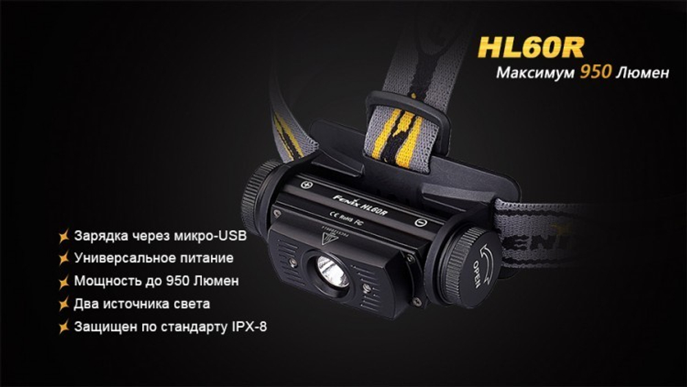 Фонарь светодиодный налобный Fenix HL60R Cree XM-L2 U2, 950 лм, аккумулятор*