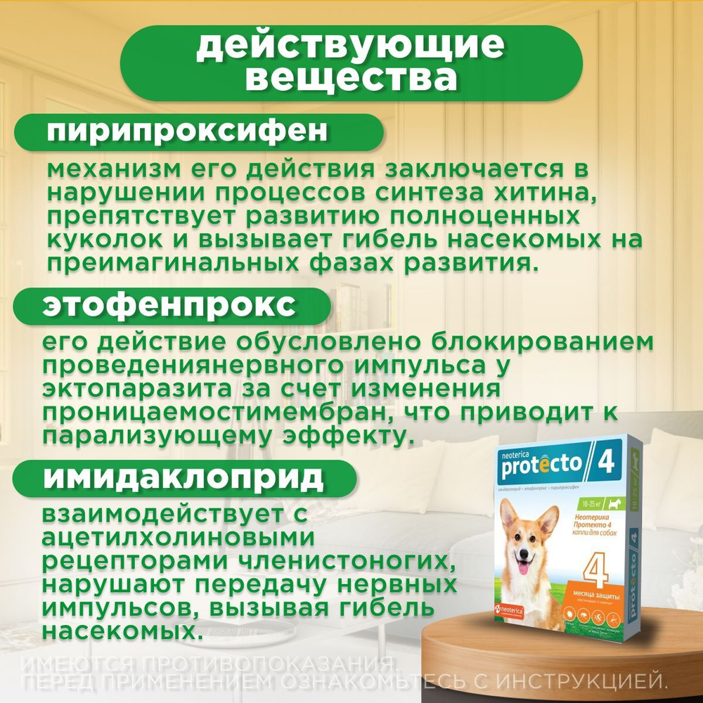 Капли на холку от клещей, блох и комаров для собак 10-25 кг Protecto (Neoterica), 2 пипетки. Имидаклоприд/Этофенпрокс/Пирипроксифен