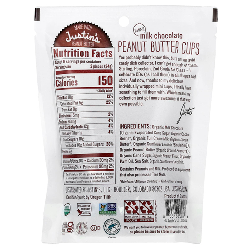 Justin's Nut Butter, Органический молочный шоколад в мини-стаканчиках с арахисовой пастой, 133 г (4,7 унции)