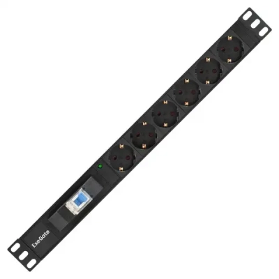 Блок розеток горизонтальный ExeGate ServerPro PDU-19H610 Al-6S-EU2.5-1P, 19", 1U Алюминий 6 Schuko кабель с евровилкой 2.5 метра, защита от перегрузки, черный