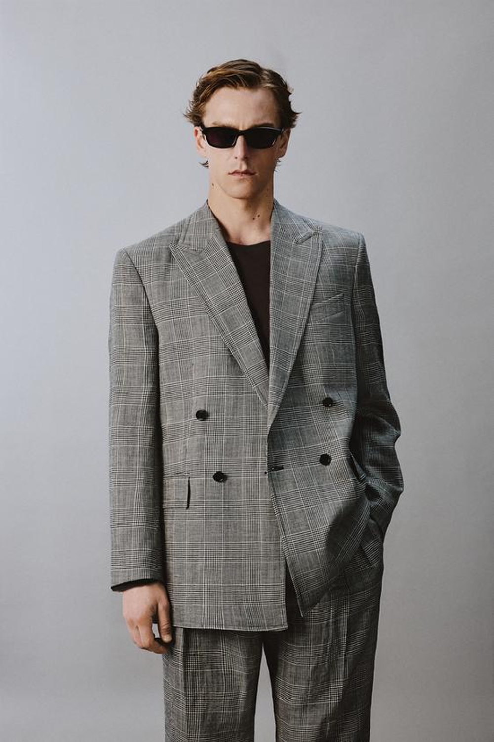 ZARA X AARON LEVINE ДВУБОРТНЫЙ БЛЕЙЗЕР ИЗ ШЕРСТИ И ЛЬНА В КЛЕТКУ, БЕЛЫЙ/ЧЕРНЫЙ