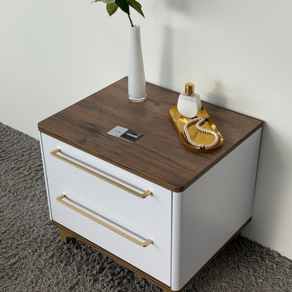 Тумба прикроватная на ножках с ящиками ROYAL 5203 эко (Дуб Веллингтон-Золото-р.золото)