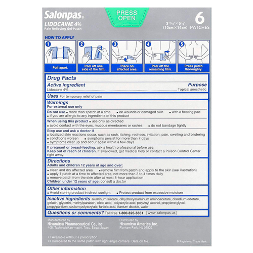 Salonpas, обезболивающий гель-патч с лидокаином, 4%, максимальная сила действия, без запаха, 6 шт.
