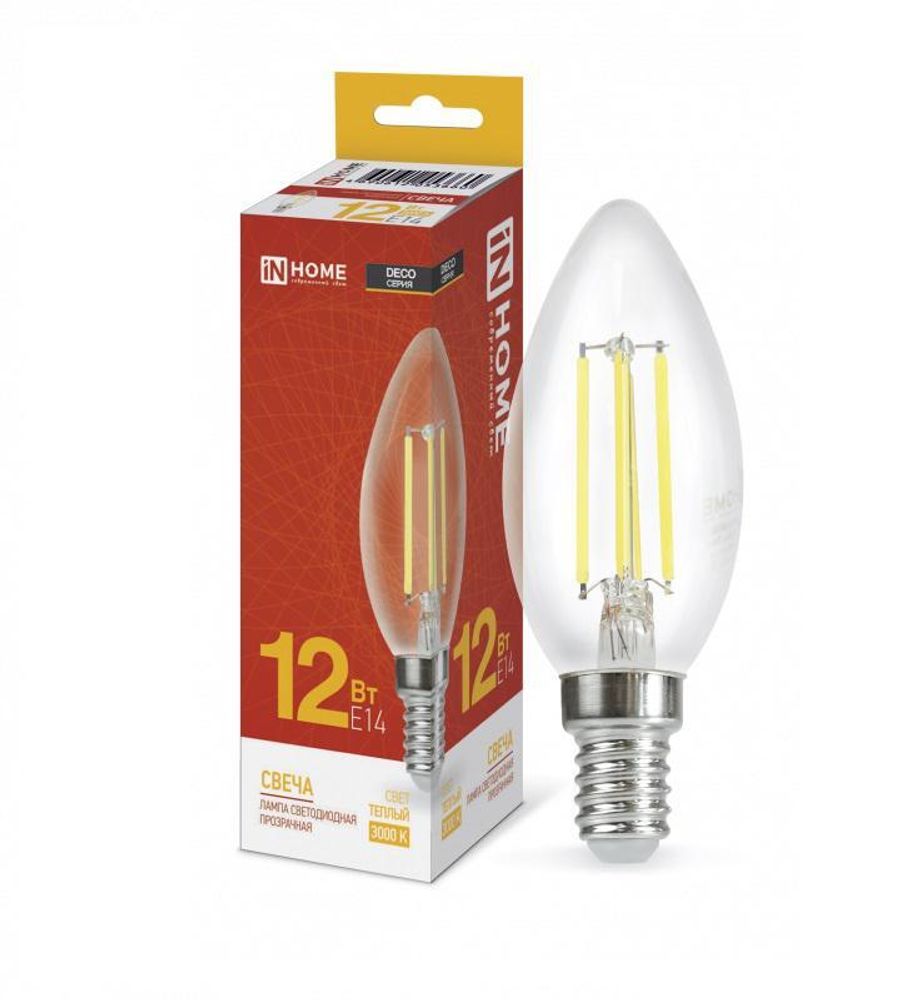 Лампа светодиодная LED-СВЕЧА-deco 12Вт 230В E14 3000К 1350лм прозрачная IN HOME 4690612053660 Лампа светодиодная LED-СВЕЧА-deco 12Вт 230В E14 3000К 1350лм прозрачная IN HOME 4690612053660