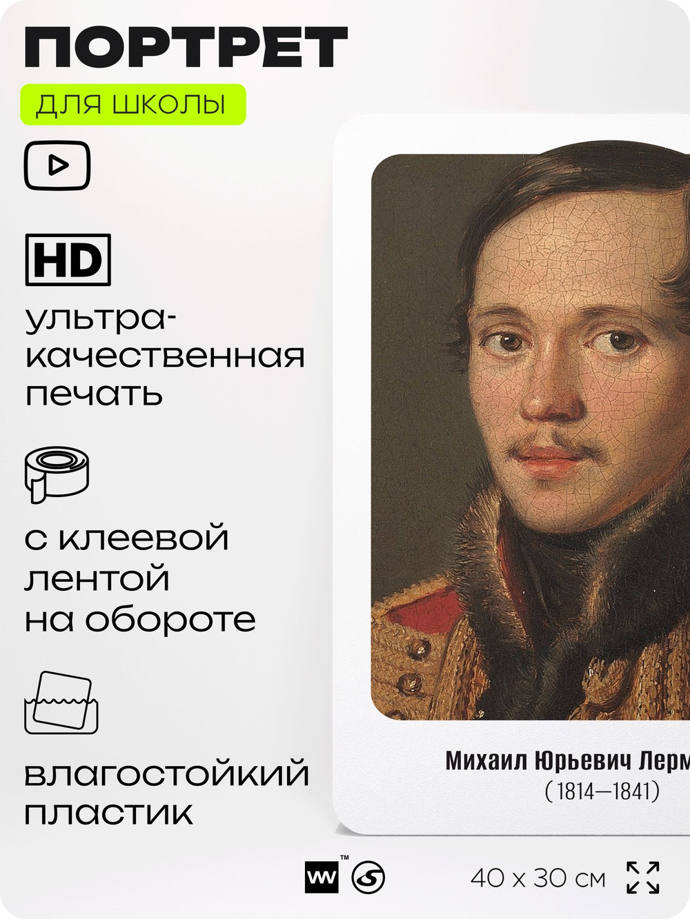 Портрет для школы в кабинет литературы и русского языка "Лермонтов Михаил Юрьевич", стенд школьный для класса, для оформления классного уголка, 40х30 см, Silver Plane x Айдентика Технолоджи