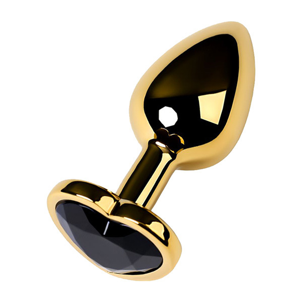 Золотистая коническая анальная пробка 7см с черным кристаллом сердечком ToyFa Metal 717016-135
