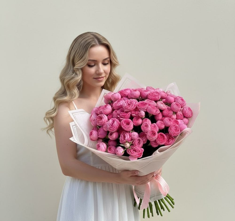 Букет «Нежность розы XL» — роскошная композиция из пионовидных кустовых роз нежно-розового оттенка, символ женственности и трепетных чувств 