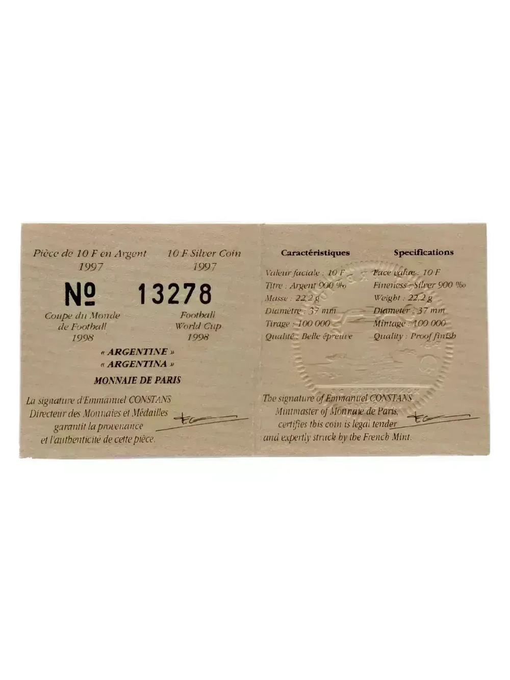 Монета 10 франков 1997 год "Чемпионат мира по футболу 1998"