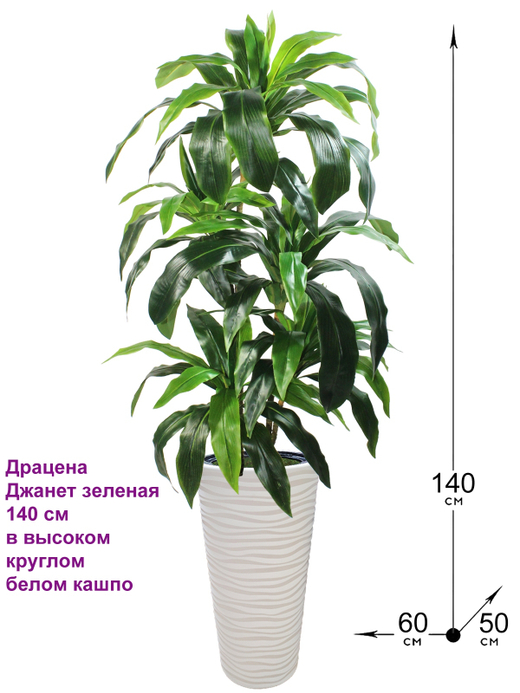 Искусственное растение драцена Джанет зеленая 140 см в высоком круглом белом кашпо
