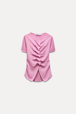 ZARA ТРИКОТАЖНЫЙ ТОП СО СБОРКАМИ, РОЗОВЫЙ