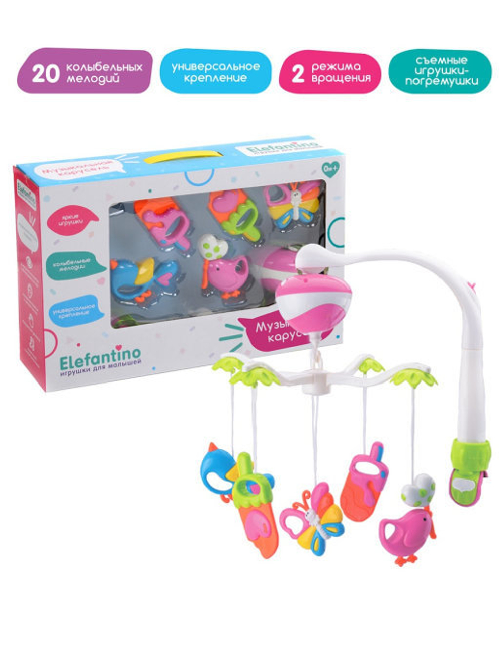 Карусель музыкальная Elefantino на кроватку с проектором на бат. 20 мелодий, арт. 7732