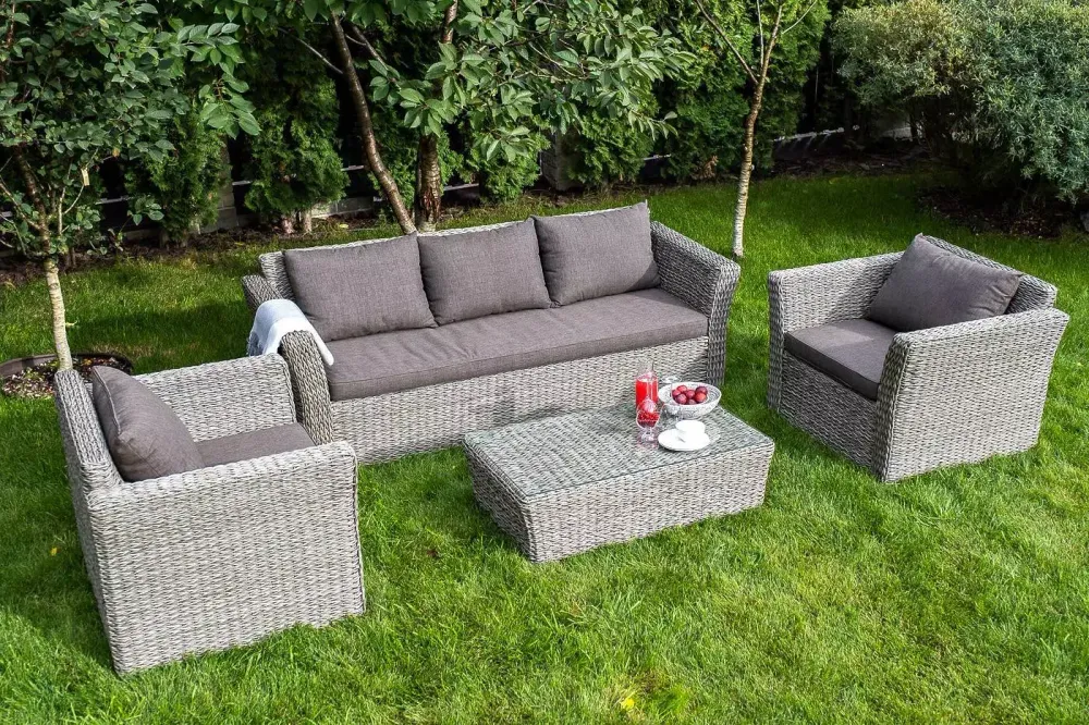 "Капучино" диван из искусственного ротанга (гиацинт) трехместный с подушками, цвет серый