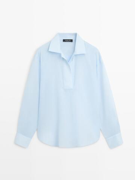 Massimo Dutti Рубашка свободного кроя из 100% хлопка с контрастным воротом, небесно-голубой
