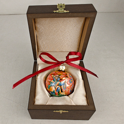 Шар новогодний с ручной росписью Палех "Жар-птица" на светлом в футляре