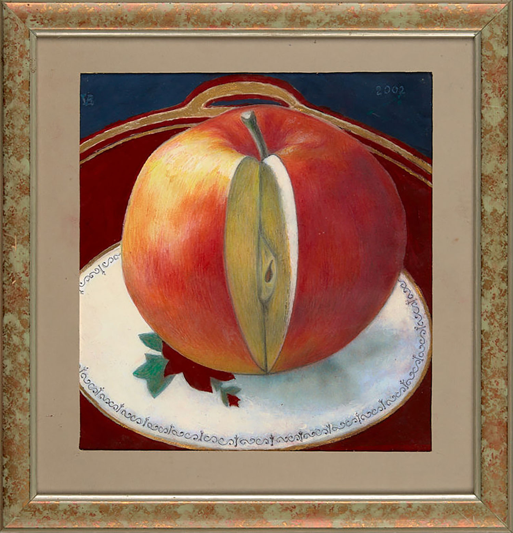 Барвенко Виктор Петрович. Яблоко. бумага, цветной карандаш, темпера, Россия. 2002 г. 18,5×18 см.