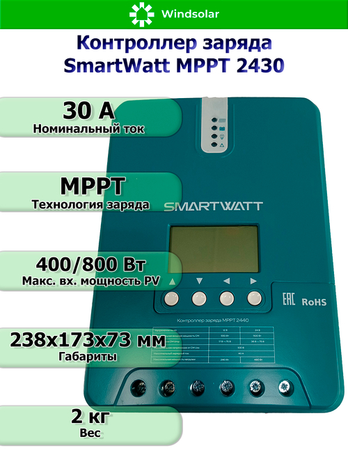 Контроллер заряда SmartWatt MPPT 2430 [30A / 12/24V / 400/800W]