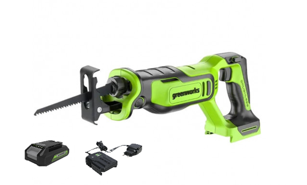 Пила сабельная акк. Greenworks GPT-BLRS-1, 24V, б/щет, 0-3000/мин, рез 115 мм дер.,1х2Ач,ЗУ,кор (1200607CUA)