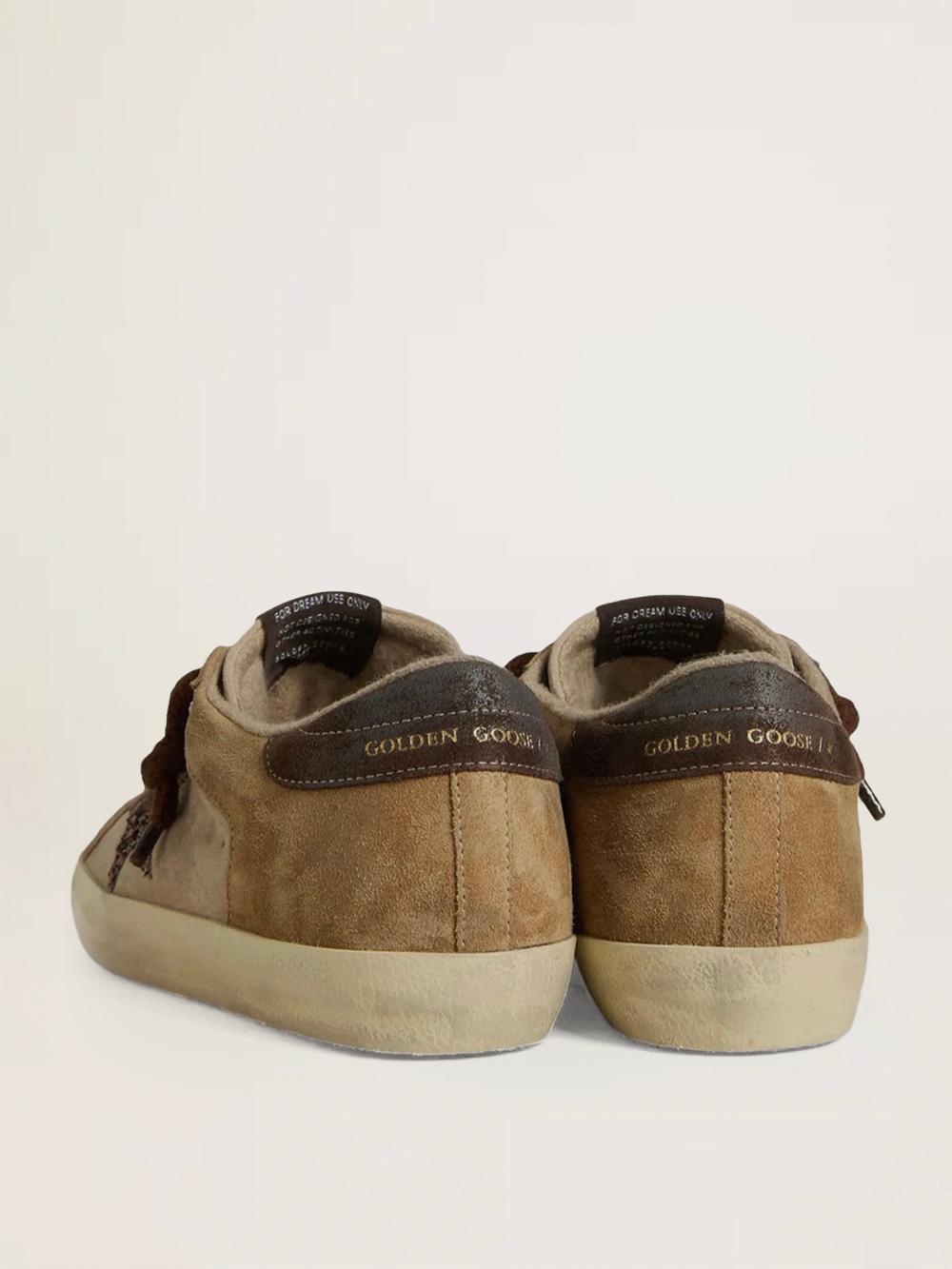 Super Star in beige and brown suede with a dark brown glitter star
