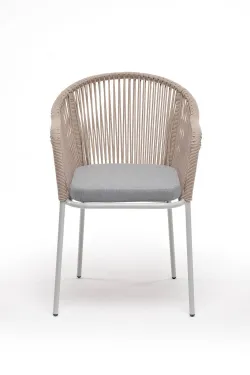 "Лион" стул плетеный из роупа, каркас из стали светло-серый (RAL7035) муар, роуп бежевый круглый, ткань светло-серая