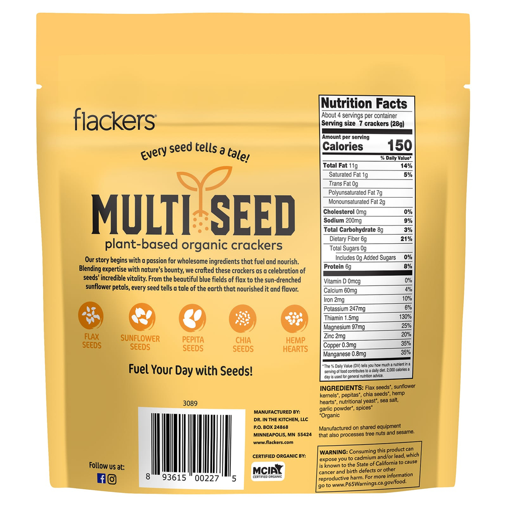 Flackers, Multi Seed, органические крекеры на растительной основе, Cheeze-Pleaze, чеснок и специи, 113 г (4 унции)