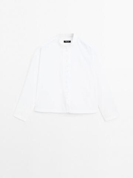 Massimo Dutti Рубашка из поплина с пуговицами и воротником-стойкой, белый
