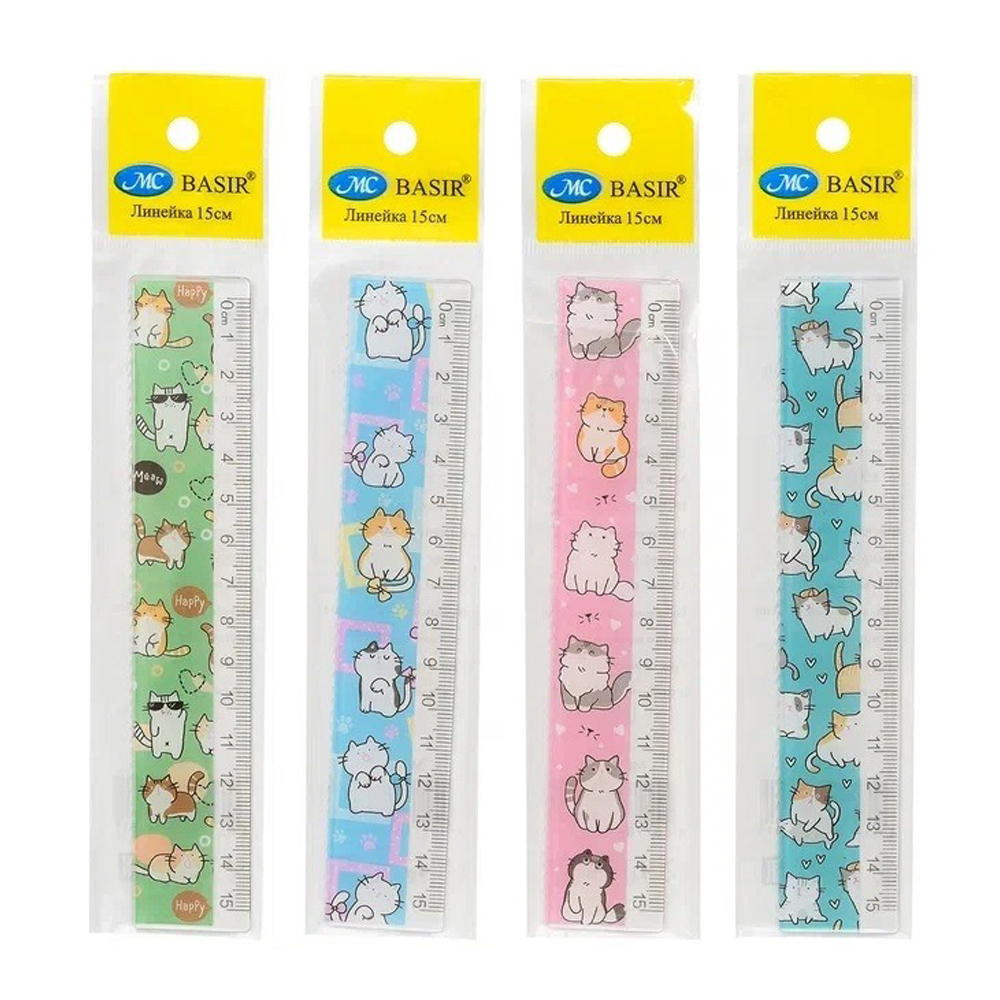 Линейка Basir пластиковая, серия "Кошка", с рисунком котиков на корпусе, 15 см
