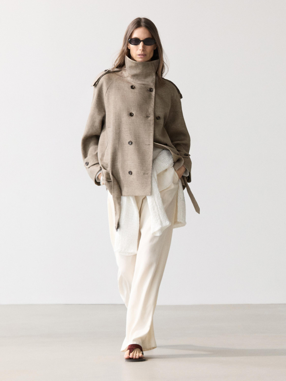 Massimo Dutti Тренч меланж из льна с высоким воротником, мышино-серый