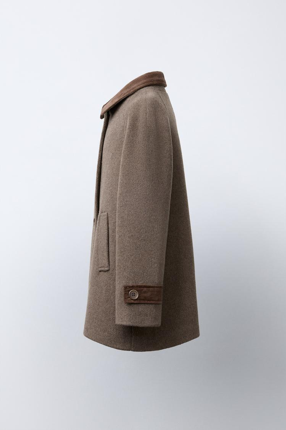 ZARA ПАЛЬТО ИЗ КОНТРАСТНОГО ВЕЛЬВЕТА С ШЕРСТЬЮ, СЕРОВАТО-КОРИЧНЕВЫЙ