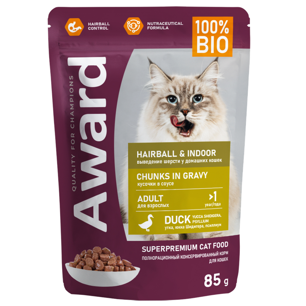 Award Hairball & Indoor для выведения шерсти у взрослых домашних кошек кусочки в соусе с уткой 85гр