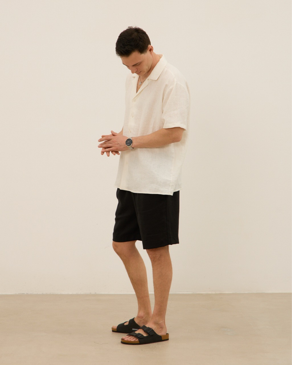 Рубашка мужская, с коротким рукавом, из 100% льна, молочная