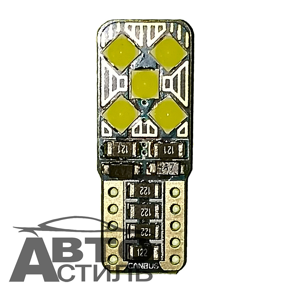 Светодиод 12V T10 10SMD 3030 WHITE CAN FLS35-BLG (без цок) ОБМАНКА 5+5SMD ПЛОСКИЙ на зеленом фоне