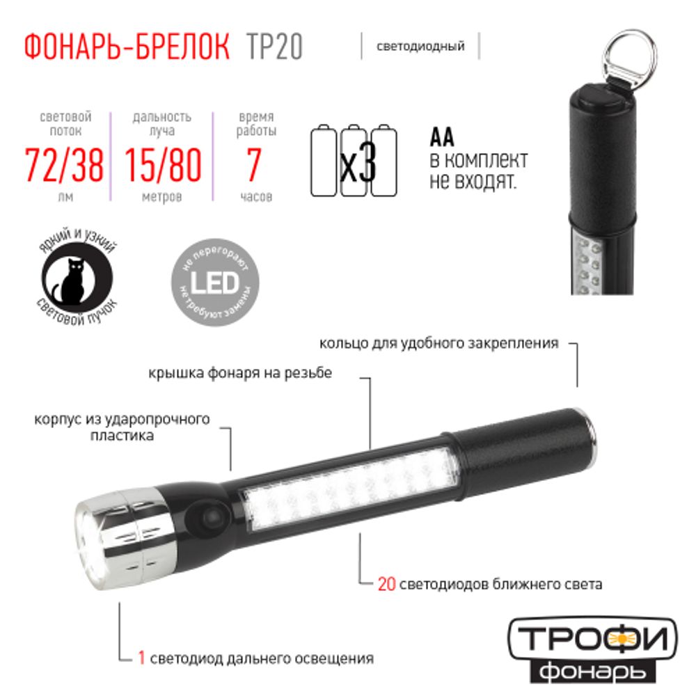 Светодиодный фонарь Трофи Универсальные TP20 ручной 1x0,5 LED+20LED пластик на батарейках 3xAA