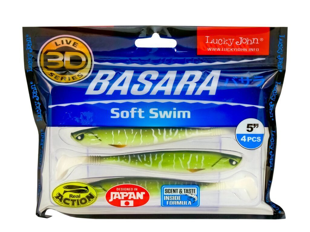 Виброхвост LUCKY JOHN Basara Soft Swim 3D, 5.0in (127 мм), цвет PG11, 4 шт.