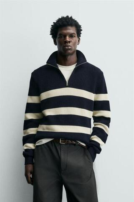 ZARA ДЖЕМПЕР ИЗ ЖЕМЧУЖНОЙ ВЯЗКИ С ВОРОТНИКОМ НА МОЛНИИ, ЭКРЮ/ТЕМНО-СИНИЙ