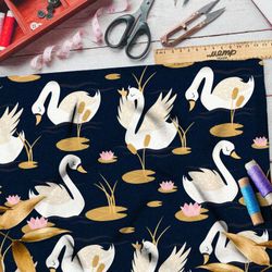 Ткань атлас белые лебеди с кувшинками на чёрном фоне