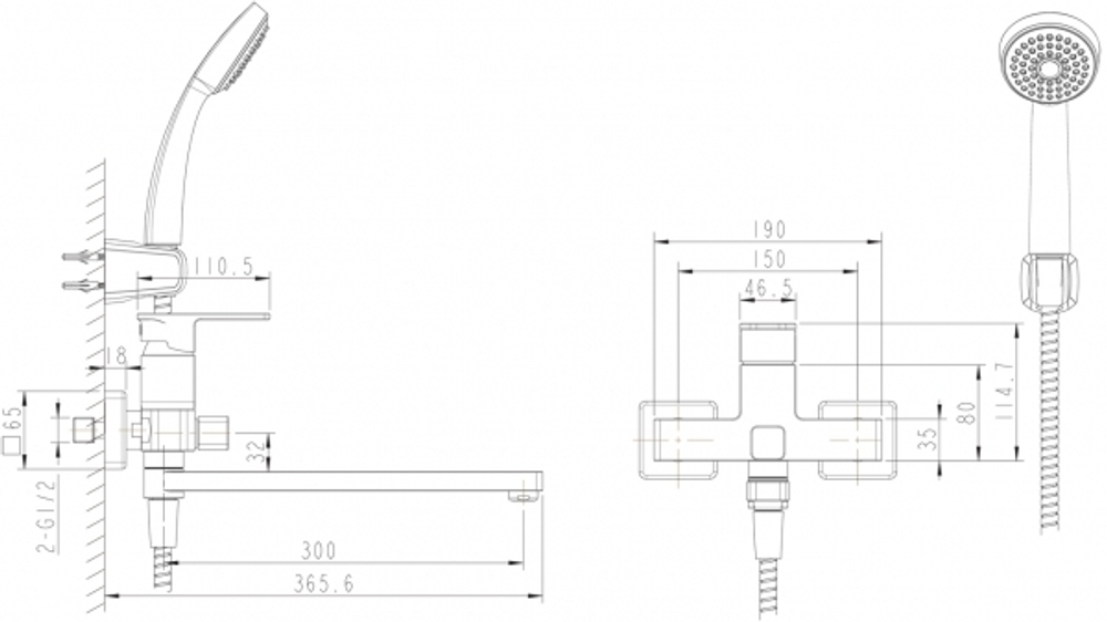 Смеситель для ванны с длинным изливом и душевой лейкой Bravat Riffle F672106C-B схема