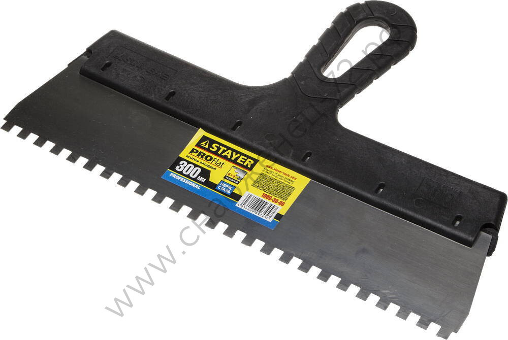 STAYER ProFLat 300 мм, зуб 6х6 мм, пластиковая ручка, зубчатый, нержавеющий, Фасадный шпатель, PROFESSIONAL (1009-30-06)