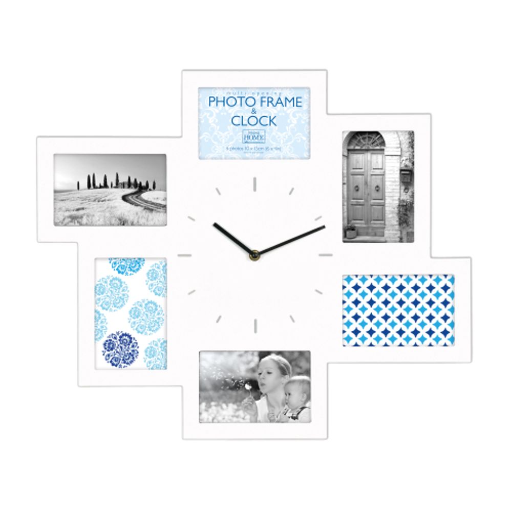 Innova W07368 фоторамка 6 фото 10*15см с часами, материал МДФ, 46x54 см, цвет белый | Innova