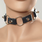 Кожаный черный ошейник с кольцами и шипами (Цвет: черный)