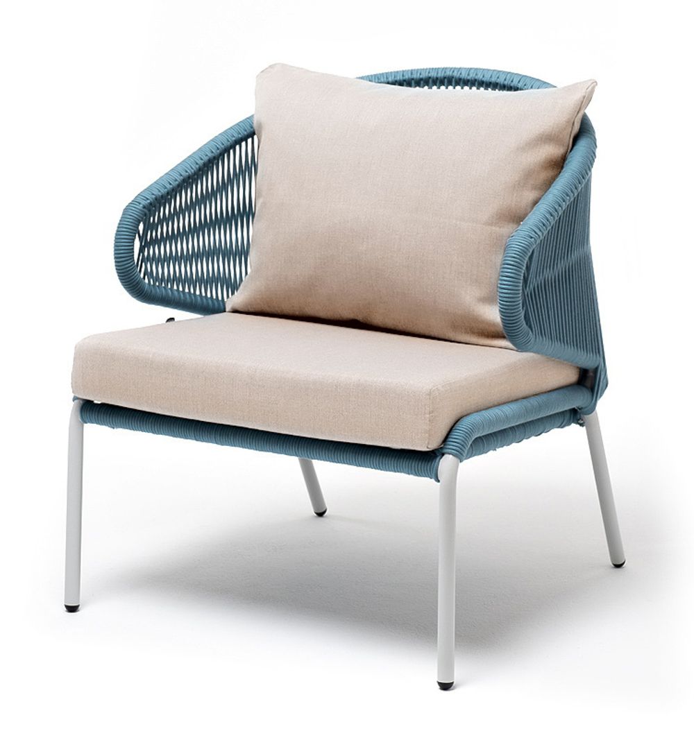 "Милан" кресло плетеное из роупа, каркас алюминий светло-серый (RAL7035) шагрень, роуп бирюзовый круглый, ткань бежевая 035