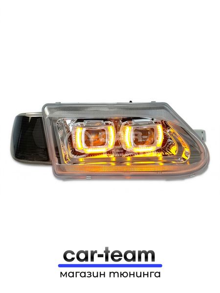 Фары ВАЗ 2113, 2114, 2115 передние с белыми галочками в стиле BMW ver 2.0 c Bi LED модулями, хром маска, тонированные поворотники