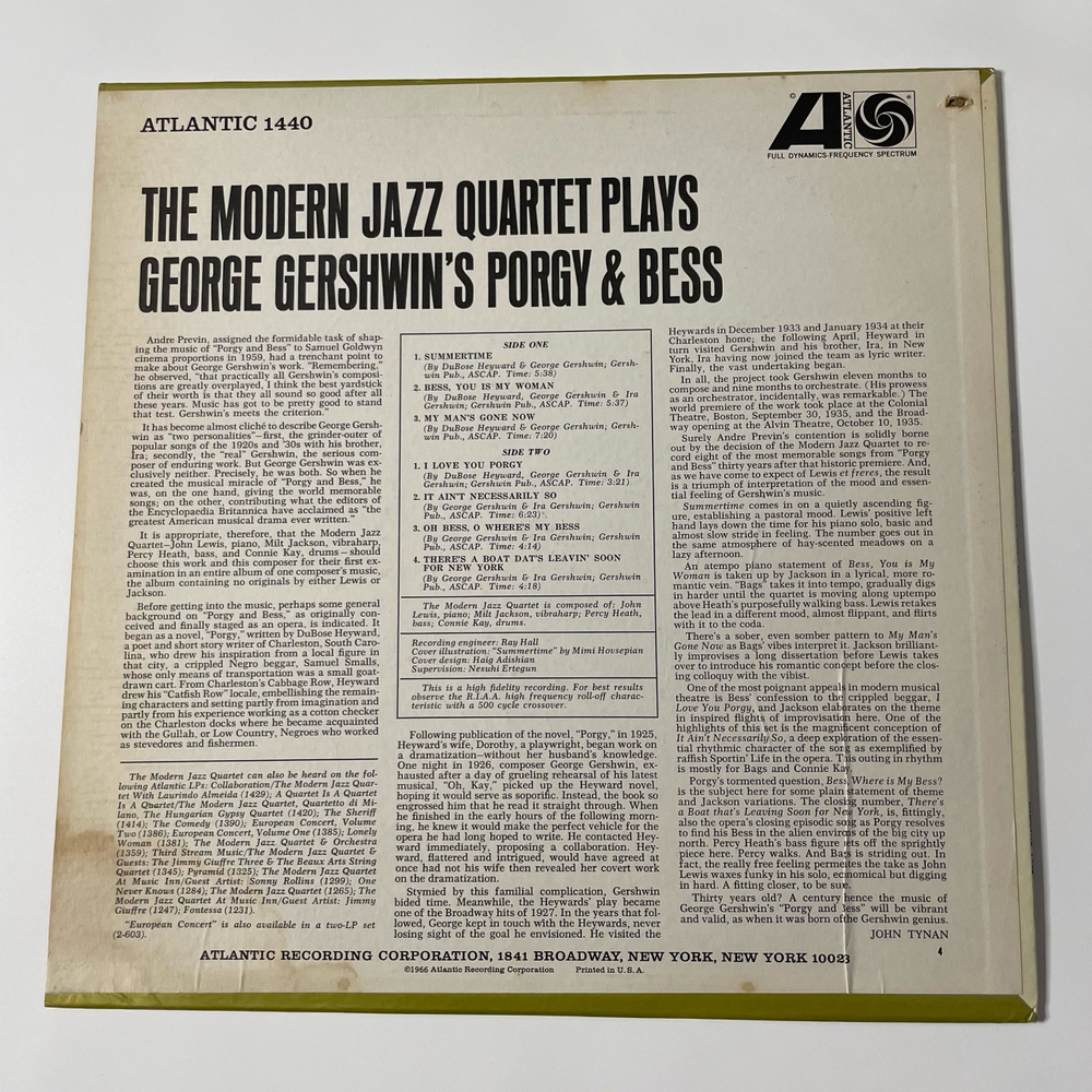 Винтажная виниловая пластинка LP The Modern Jazz Quartet, The Modern Jazz Quartet Plays George Gershwin's Porgy and Bess, Порги и Бесс (США 1965)